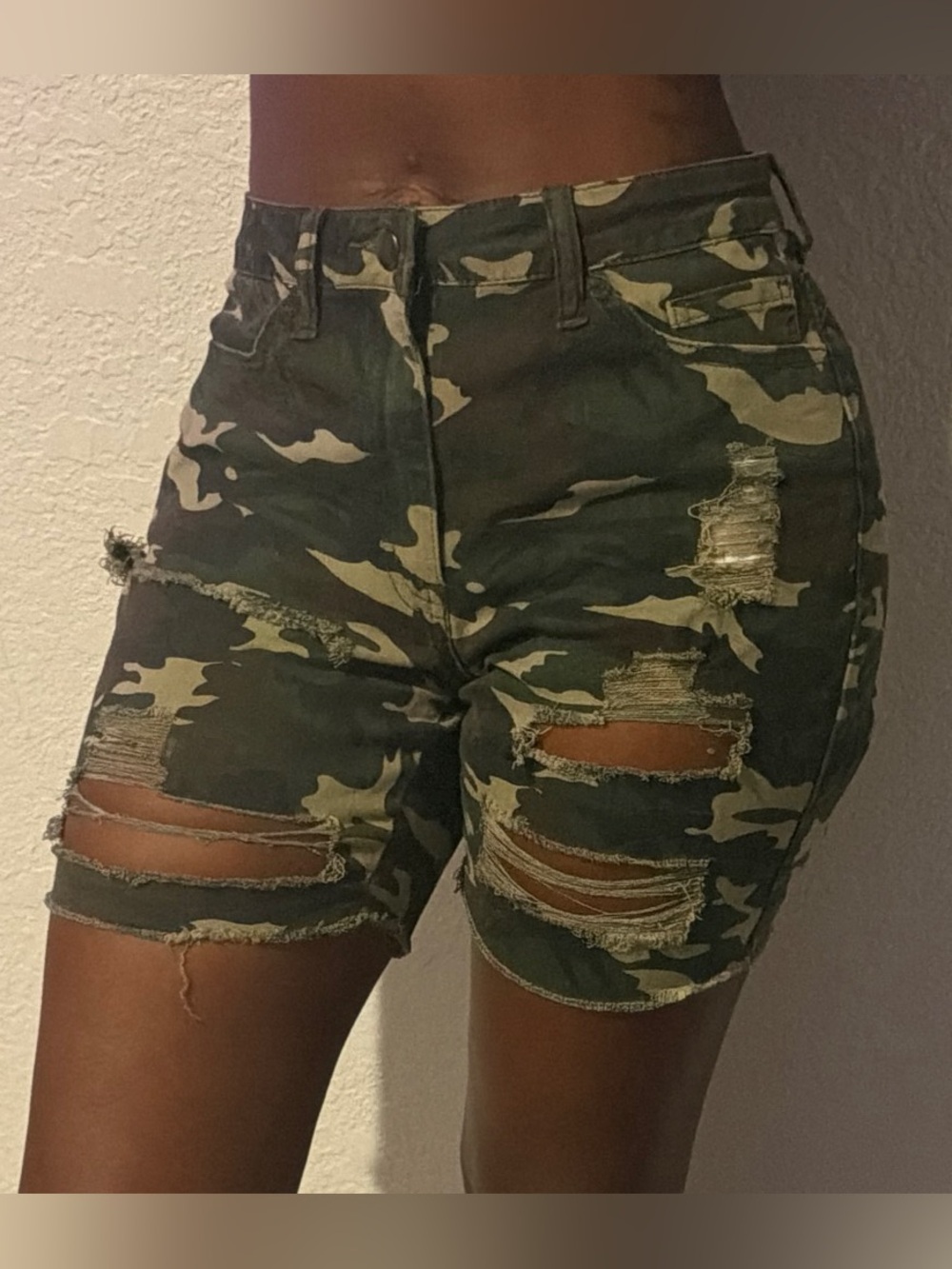 Fashion Nova Green Camo Distressed High-Waist Jean Shorts
